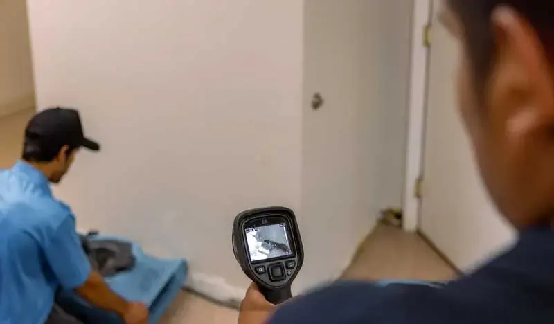 Technician reading a thermal camera while a drying mat works on a wet North Port wall