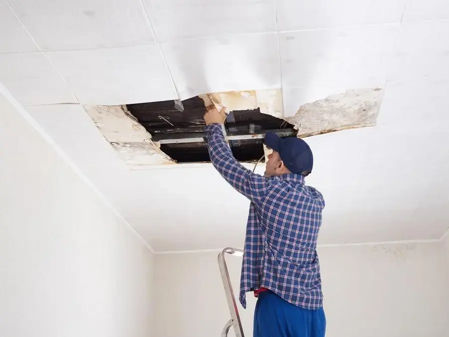 Wet ceiling drywall being opened to dry the joists after a leak from above
