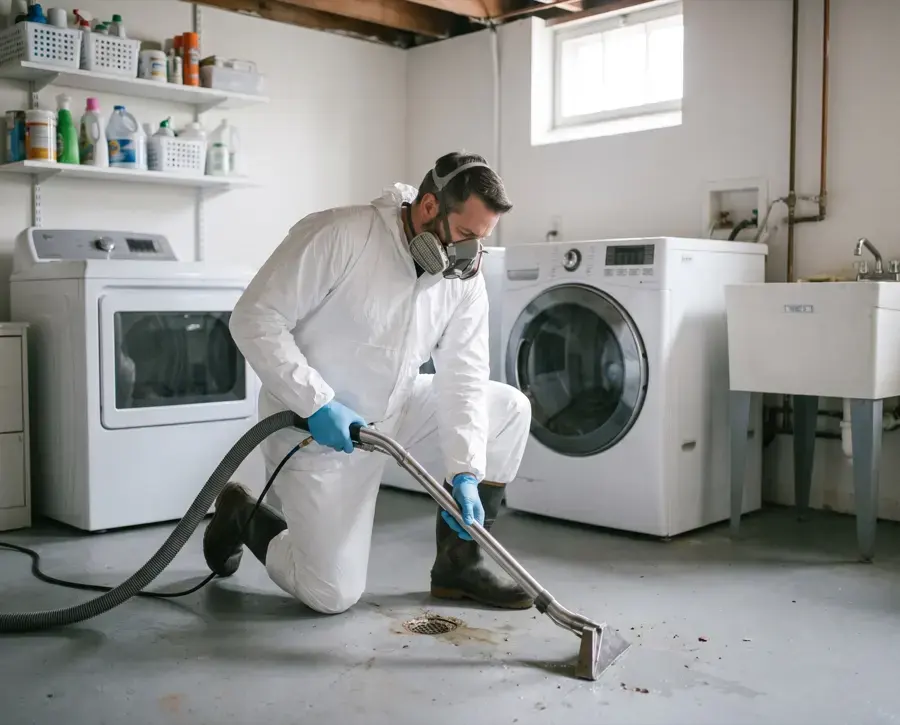 Worker in protective suit and respirator extracting a sewage backup at a floor drain